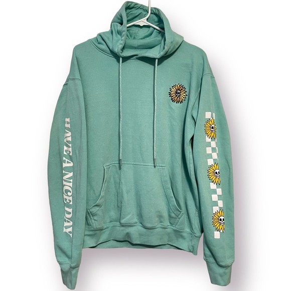 Eighty Eight Brand Medium Teal Aqua Hoodie Pullover Sweatshirt Skulls Sunflowers - Picture 1 of 14